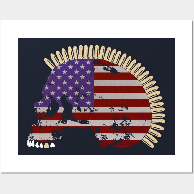 Skull with Mohawk of Bullets in Vintage American Flag Pattern Wall Art by RawSunArt